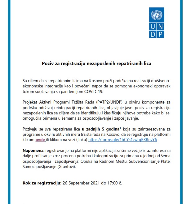 Javni poziv za registraciju repatriranih lica koji treba da se registruju preko ON-LINE platforme, upucene od strane UNDP.