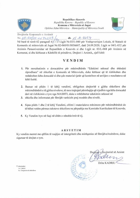 Njoftim nga Drejtoria e Arsimit – Komuna e Mitrovicës