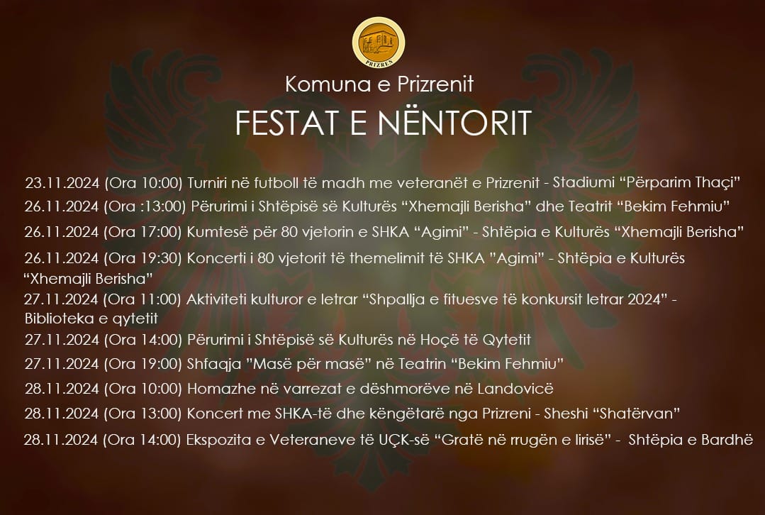 Agjenda e aktiviteteve që do të organizohen në kuadër të Festave të Nëntorit