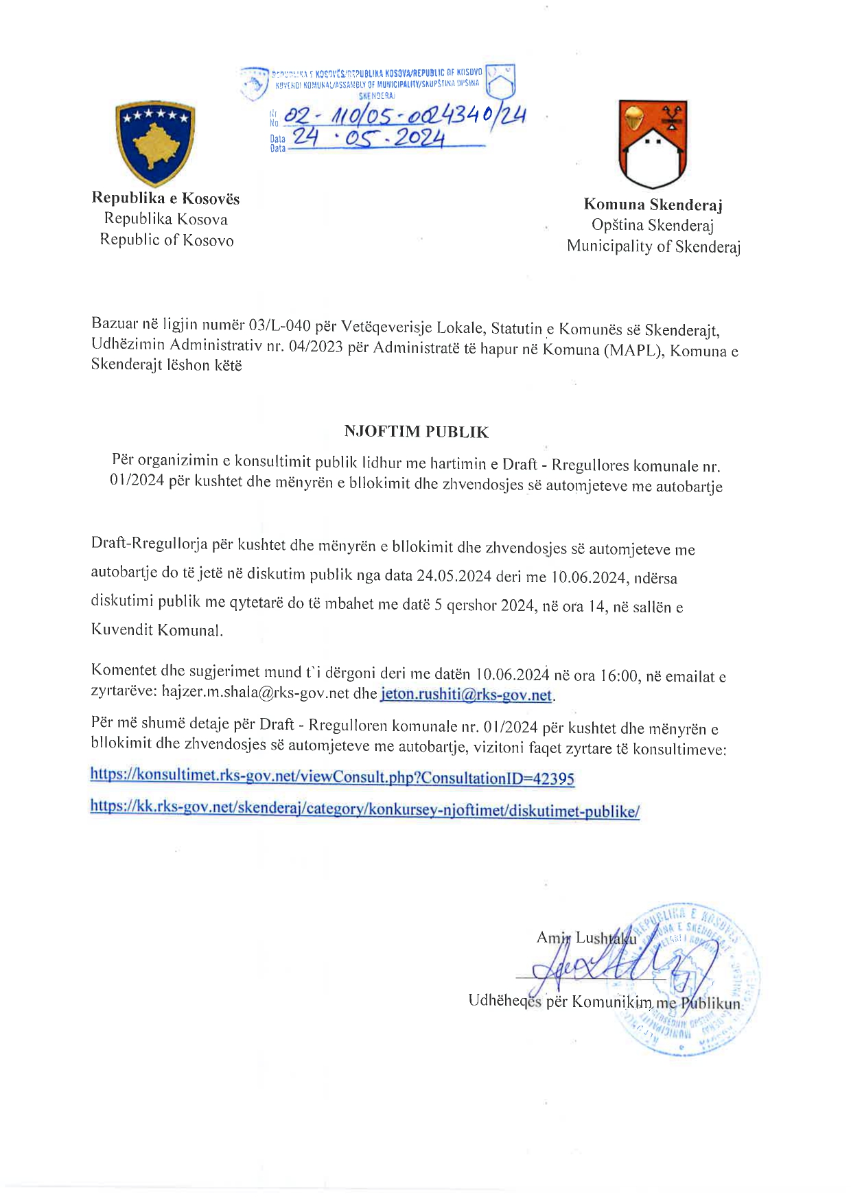 Njoftim lidhur me organizimin e konsultimit publik për hartimin e Draft – Rregullores komunale nr. 01/2024 për kushtet dhe mënyrën e bllokimit dhe zhvendosjes së automjeteve me autobartje