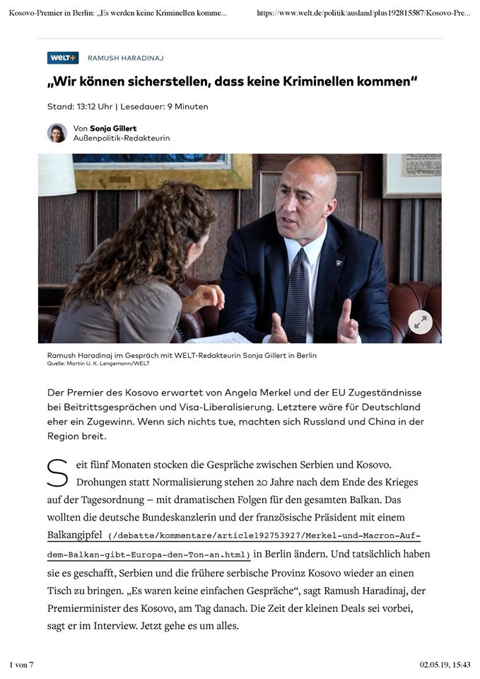 Intervistë e kryeministrit Haradinaj për gazetën prestigjioze gjermane “Die Welt”