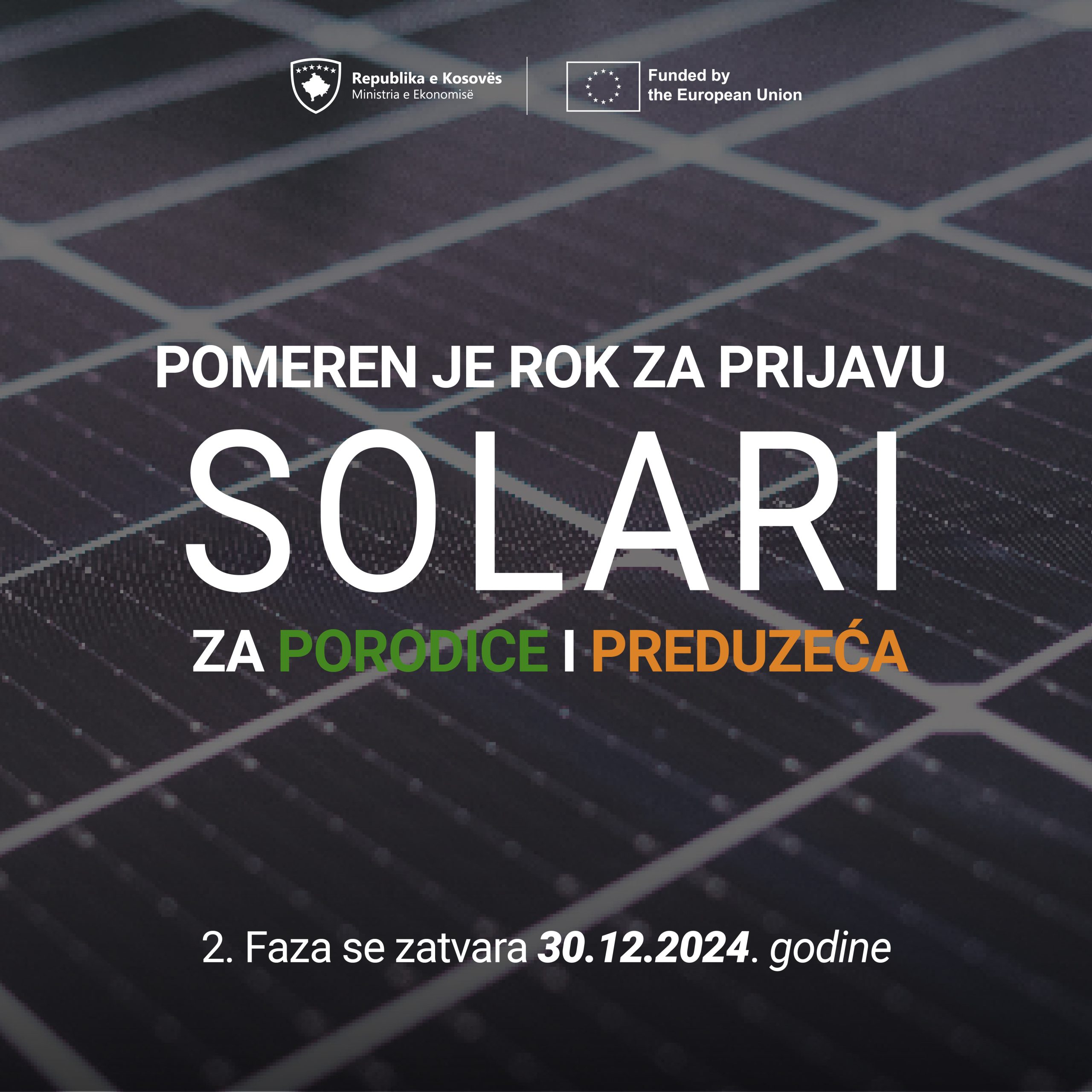 Odlaže se rok za prijavu za drugu fazu za subvencionisanje porodičnih potrošača i mikro malih i srednjih preduzeća (MMSP) za ulaganje u sisteme obnovljivih izvora energije – fotonaponski sistem (fv) za proizvodnju električne energije za sopstvenu potrošnju.
